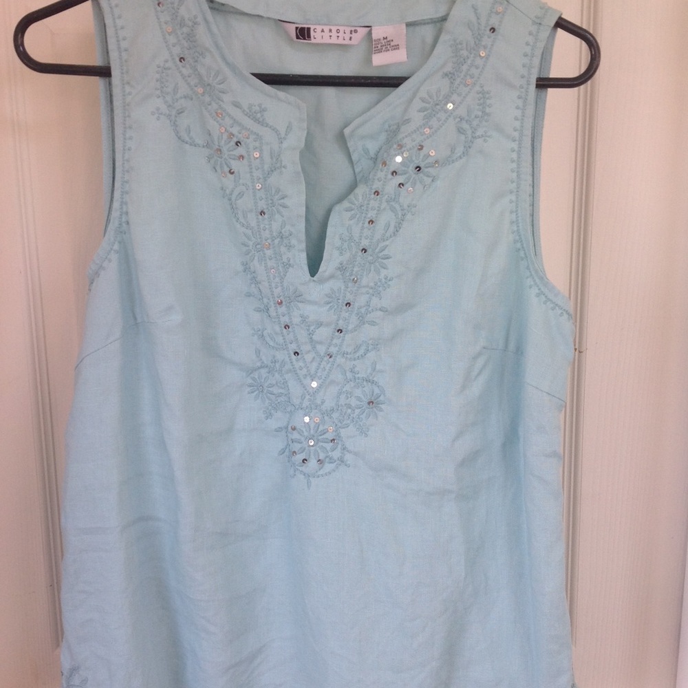 Carole Little linen blue sleeveless shirt size M